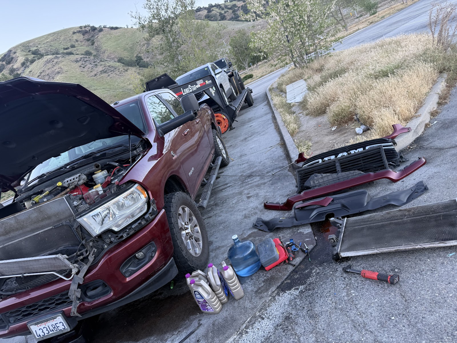 Ram diesel truck front end disassembled for repair on site